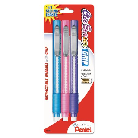 Pentel Clic Eraser, Grip Eraser, Assorted, PK3 ZE21TBP3M